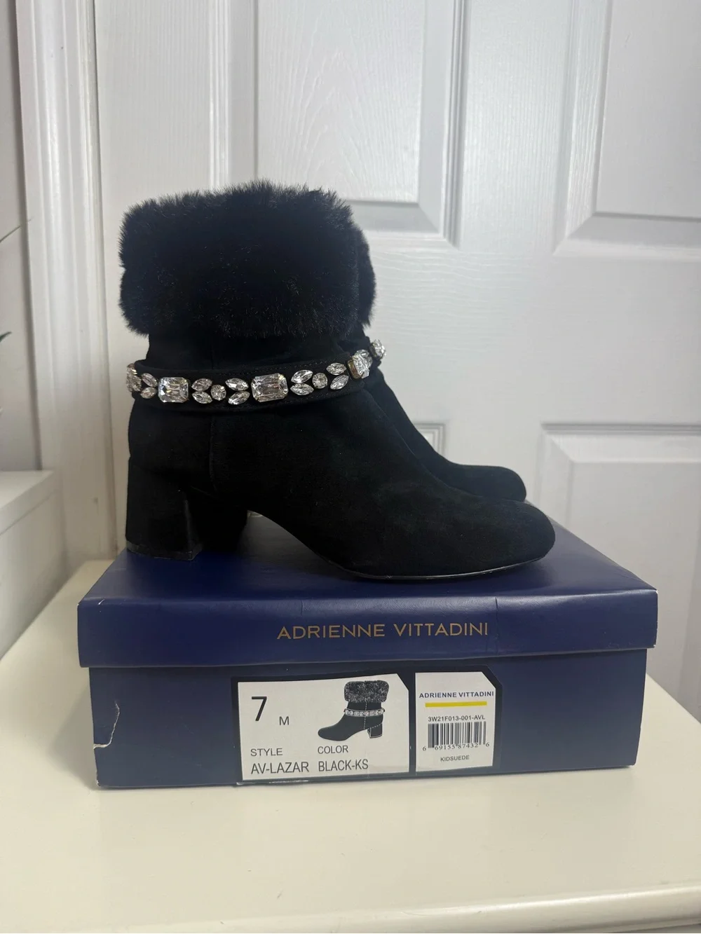Adrienne Vittadini AV-Lazar Women’s Black Suede Faux Fur Rhinestone ankle boot/7